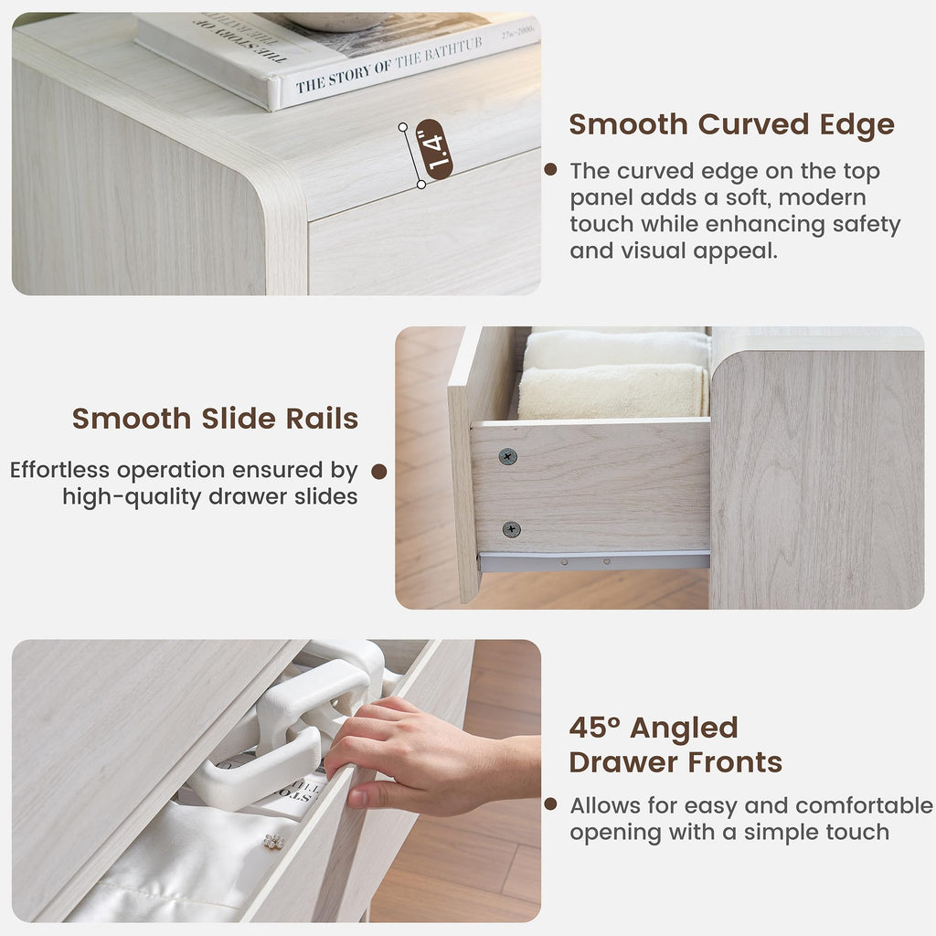 63" Wide Large with 9 Drawers, White, Mid Century Modern & Chest of Drawers, Rounded Corner, Wood Storage Organizer