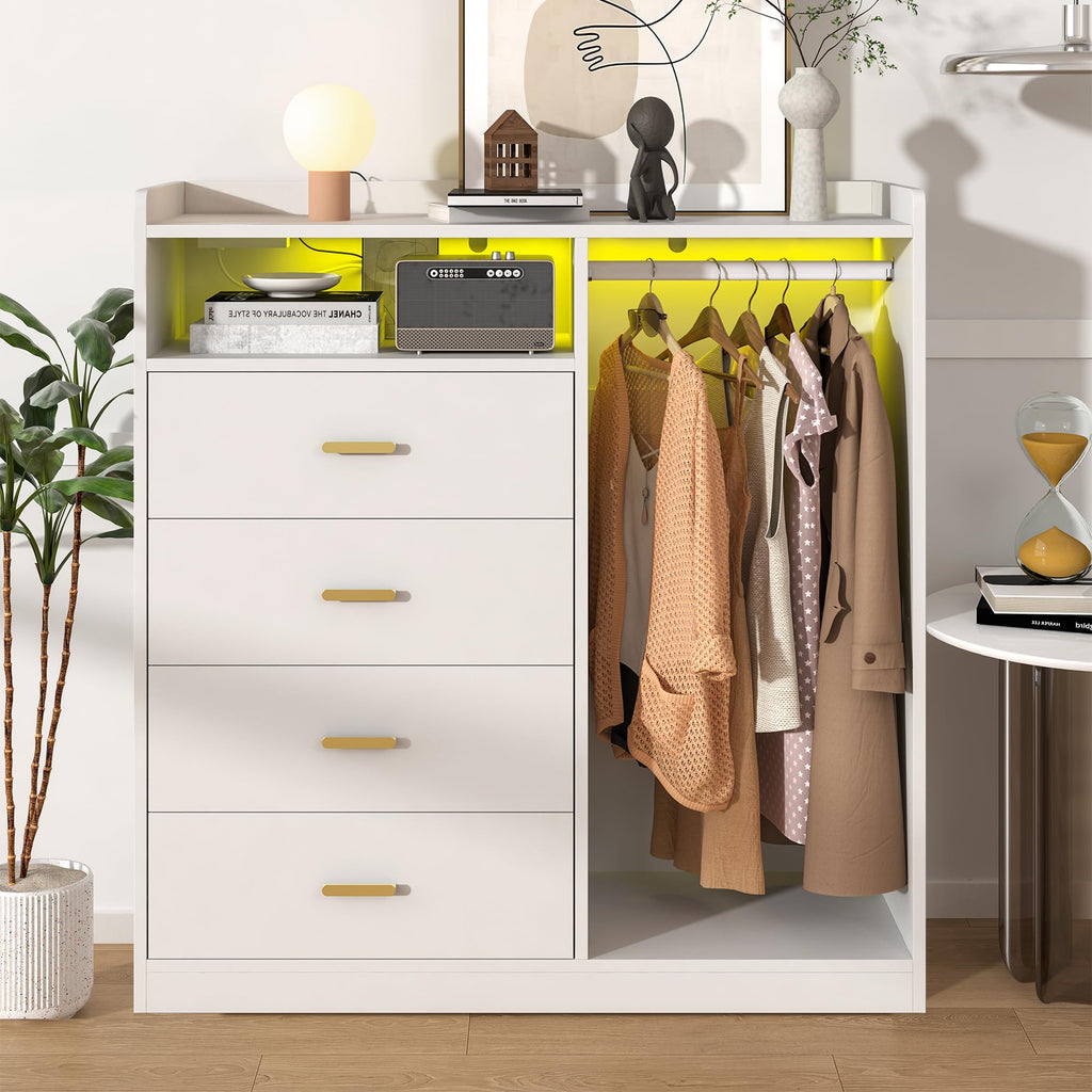 Dresser with Clothes Rack Wood, 4 Drawer Dresser White with LED Lights and Power Outlet, 15.7" D x 43.3" W x 45.7" H