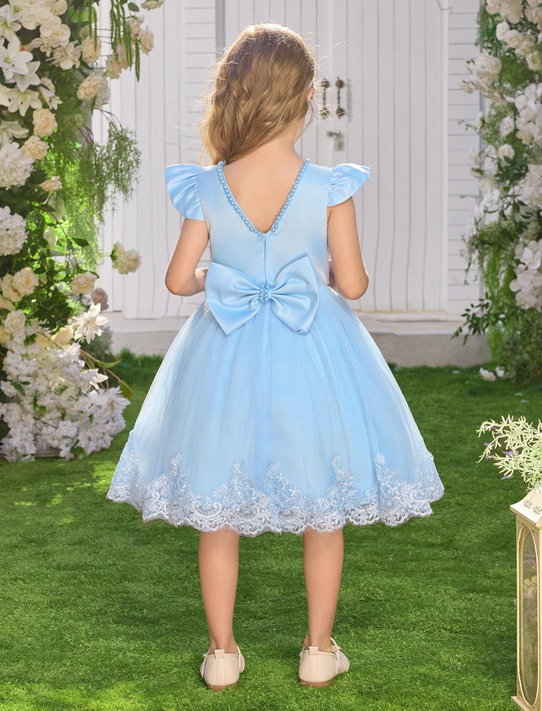 Infant Baby Girls Wedding Flower Girl Dress Pearls Tulle Tutu Dress Bowknot V Back Pageant Party Birthday Formal