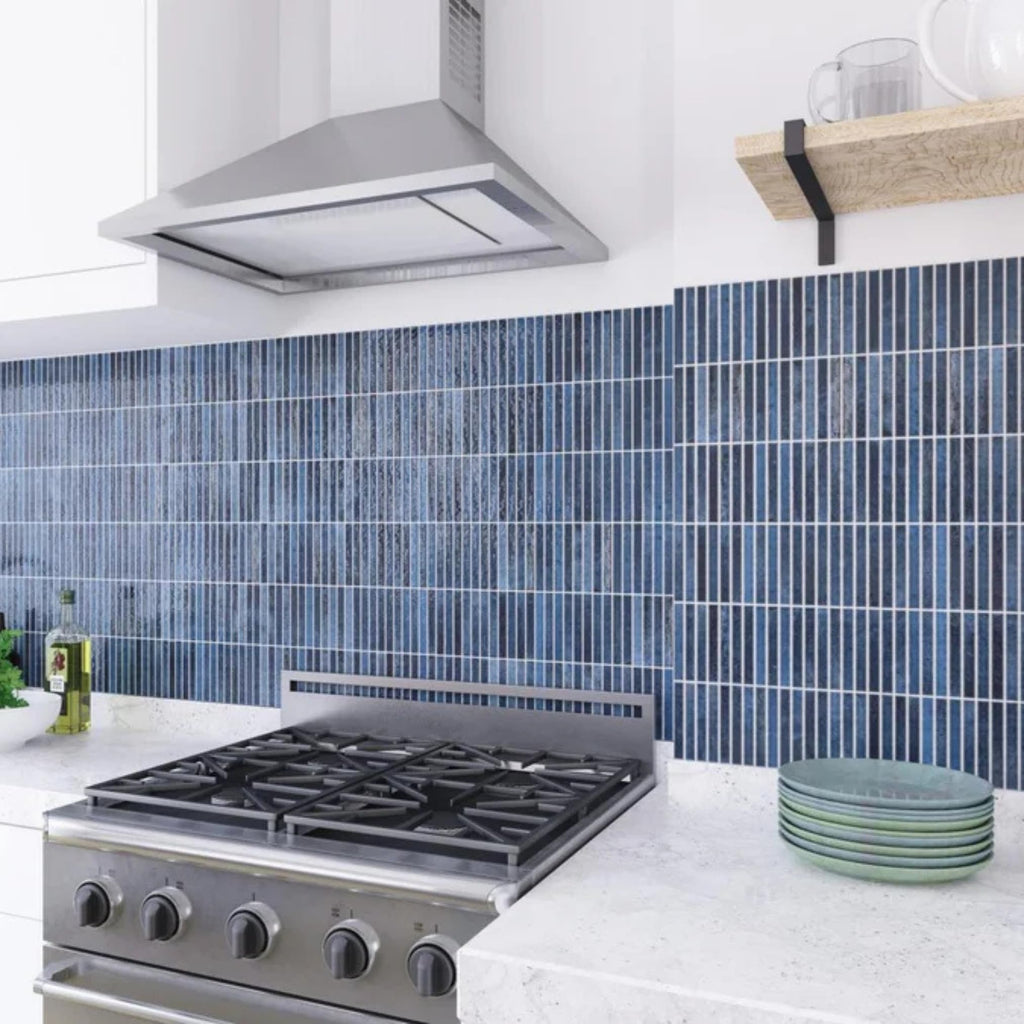 Scandia Glossy Ocean Blue 4.5x9 Ribbed Porcelain Wall Tile, 3D KitKat Fluted Decorative Tile Backsplash, Bathroom
