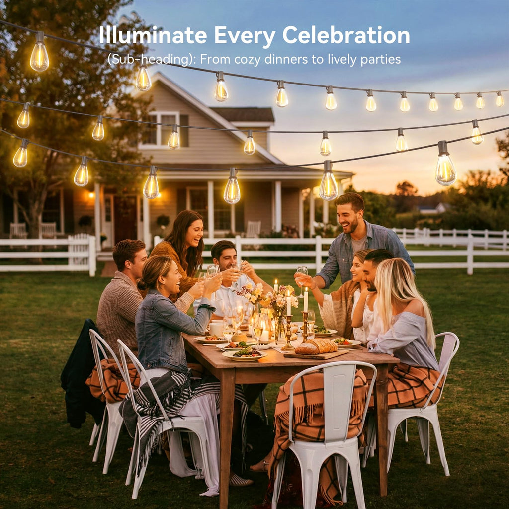 Outdoor String Lights with Remote, Waterproof Patio Lights with 72+2 Shatterproof LED Bulbs, Dimmable Hanging