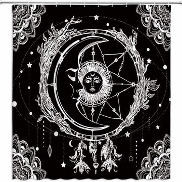 Burning Sun and Moon Shower Curtain Vintage Sketch Celestial Mandala Pattern Black and White Decor Medallion Floral