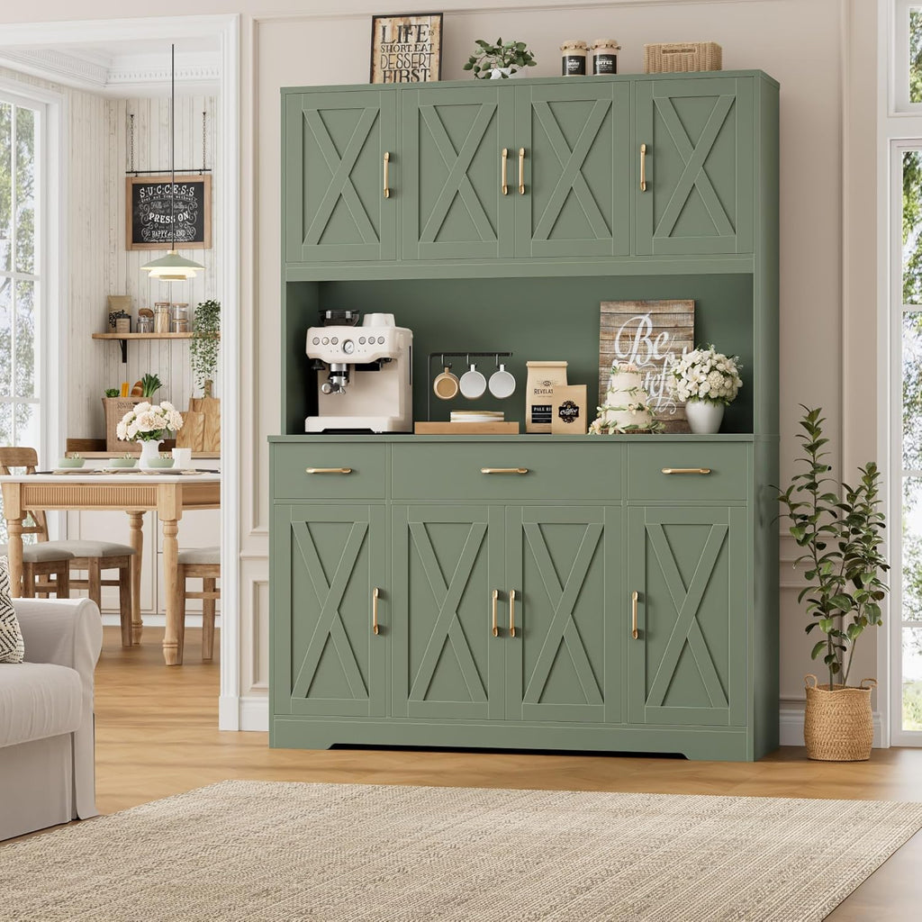 71" Tall Kitchen Pantry Storage Cabinet, 55" W Kitchen Hutch, Green | Large Pantry Cabinet with Charging Station /