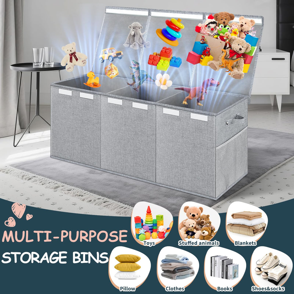 Extra Large Toy Box with Lids, Collapsible Storage Bin, 38"x16"x14", Gray