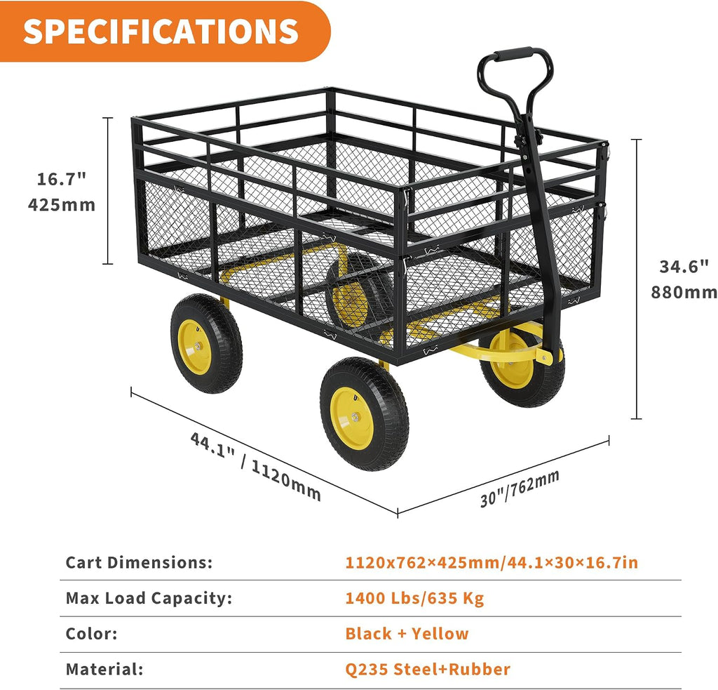 3-in-1 Heavy-Duty Steel Garden Cart, 1400 Lbs Garden Wagon, with 13 Inch All-Terrain Tires and Removable Mesh Side