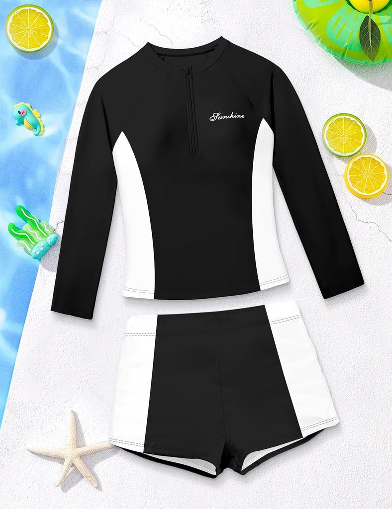 Girls Rash Guard Swimsuit Two Piece Set Colorblock Long Sleeve Bathing Suit UPF50+Sun Protection Swim Suits