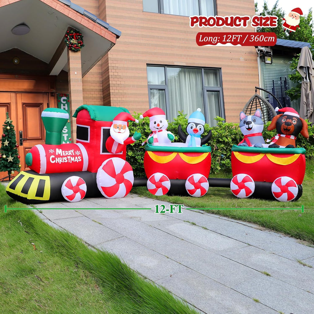 12 FT Christmas Inflatable Train with Santa Claus Holiday Decoration