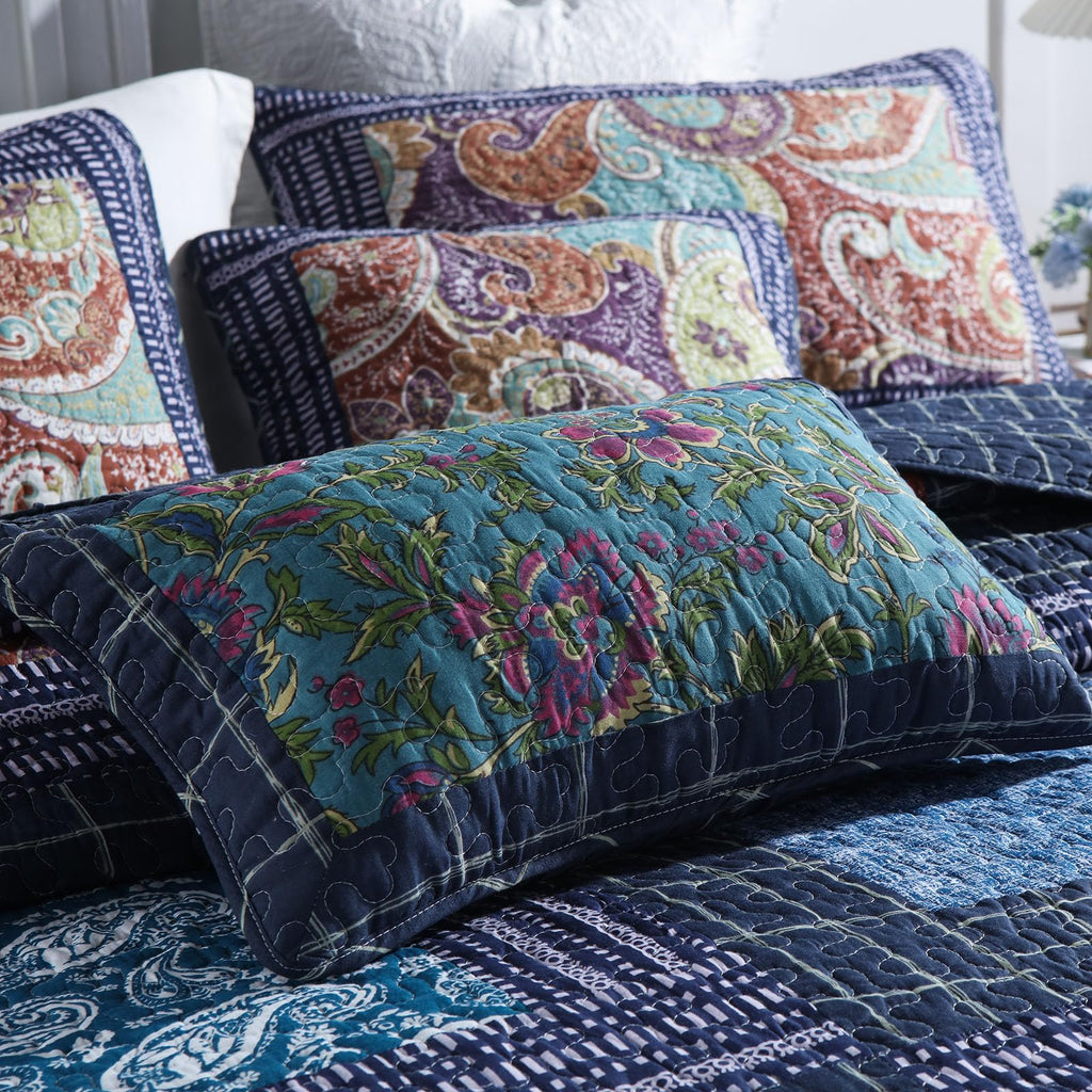 100% Cotton Gorgeous Floral Quilt Set, King Size Quilted Bedding Set, Boho Reversible Navy Blue Patchwork Paisley