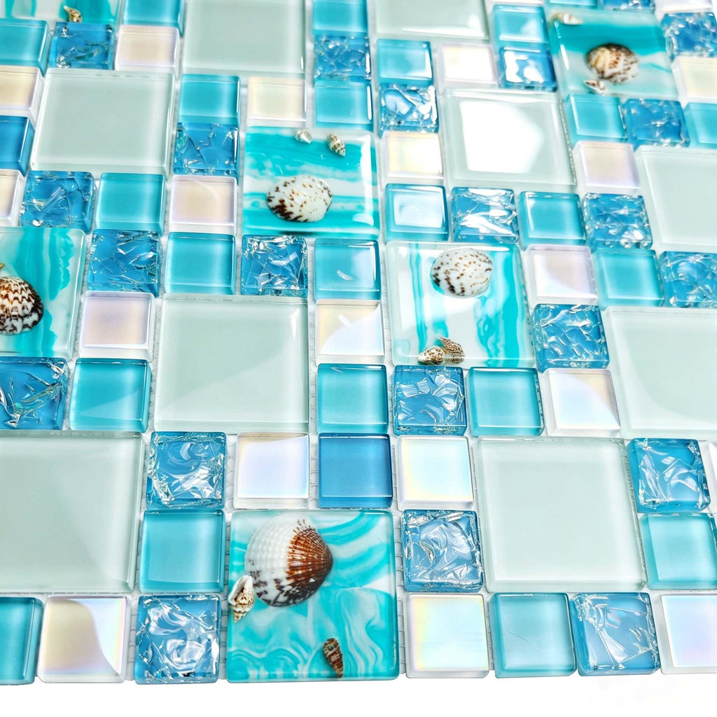 Coastal Glass Mosaic Tile, Blue Iridescent, 5 Sq Ft