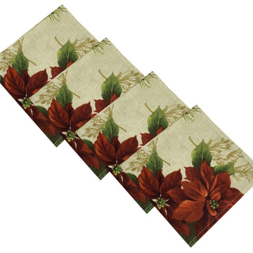 Festive Poinsettia Holiday Cloth Napkins, Set of 4, Multicolor - 17" W x 17" L