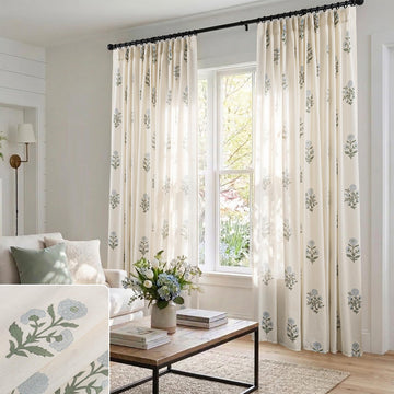 Blue Green Floral Linen Farmhouse Curtains, 84 Inch French Country Cottage Core Light Filtering Pinch Pleated Drapes