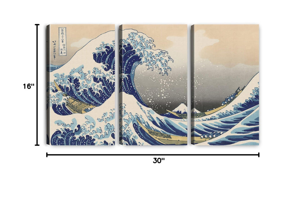 The Great Wave Off Kanagawa by Hokusai Cultural Historic 3 Panel wall Art Decorations Giclee Print On Canvas