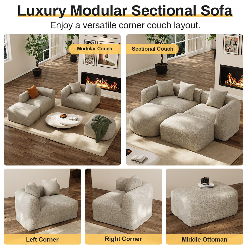 119" Curved Modular Sectional with Ottoman, Light Brown