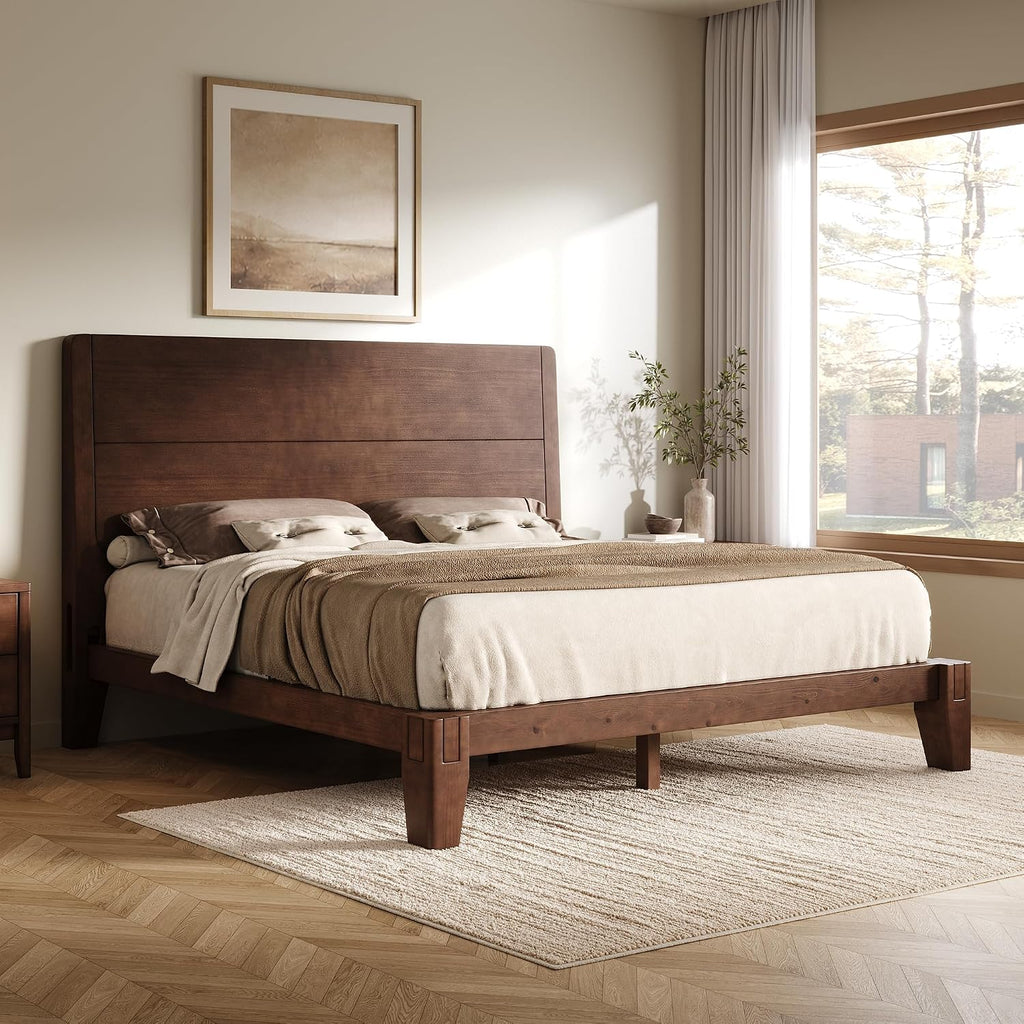 Solid Wood Queen Bed Frame with Headboard, Japanese Joinery,Walnut