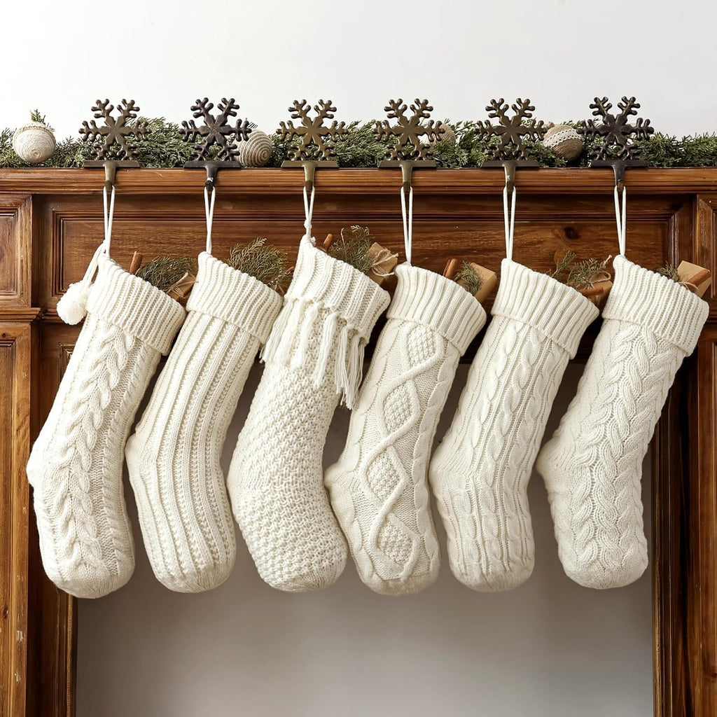 S: 6 Pack 18 Inch Cream White Cable Knit , Rustic Hanging Xmas Stockings Farmhouse Boho Beige Knitted Stockings - Set of 6