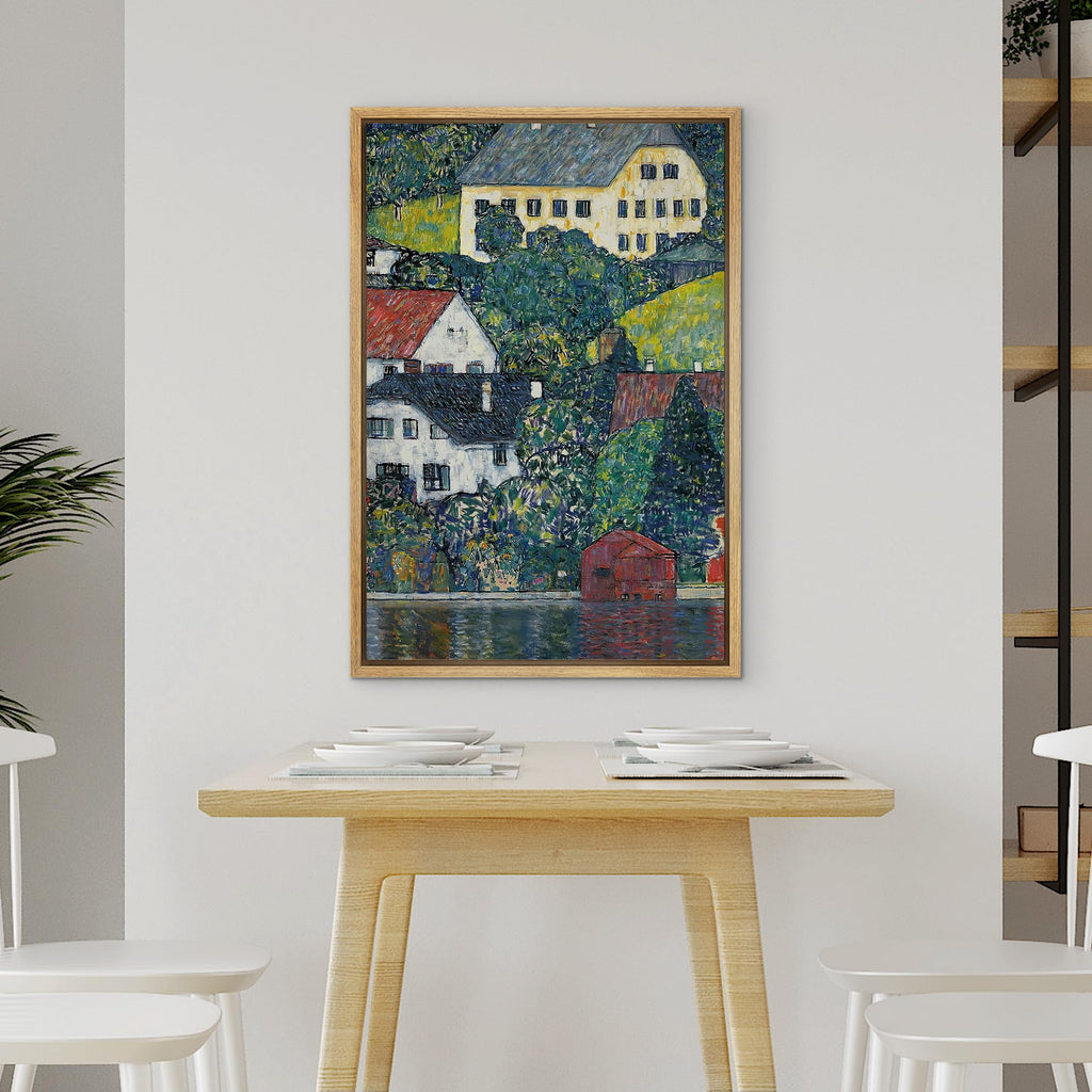 Framed Canvas Print Wall Art Houses at Unterach by Gustav Klimt Nature Wilderness Illustrations Retro Decorative