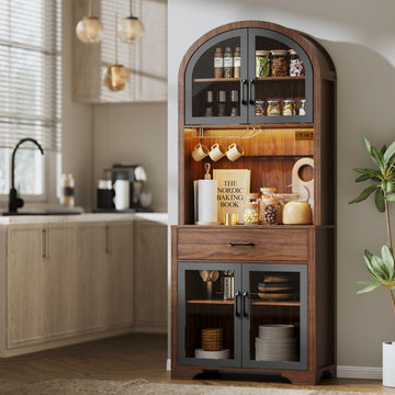 75" Arched Kitchen Pantry Cabinet, Coffee Bar Hutch Cabinet