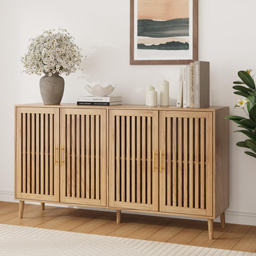 63" Long Sideboard Buffet with 4 Slatted Doors, Farmhouse Buffet Storage Cabinet with Adjustable Shelves, Coffee Bar