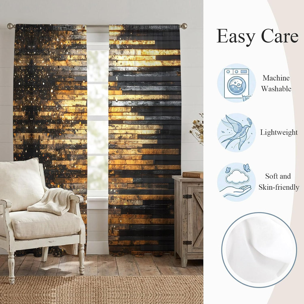 Sheer Curtains 96 Inches Long, Luxury Golden Black Light Filtering Window Curtains , Geometric Art Deco Modern Rod