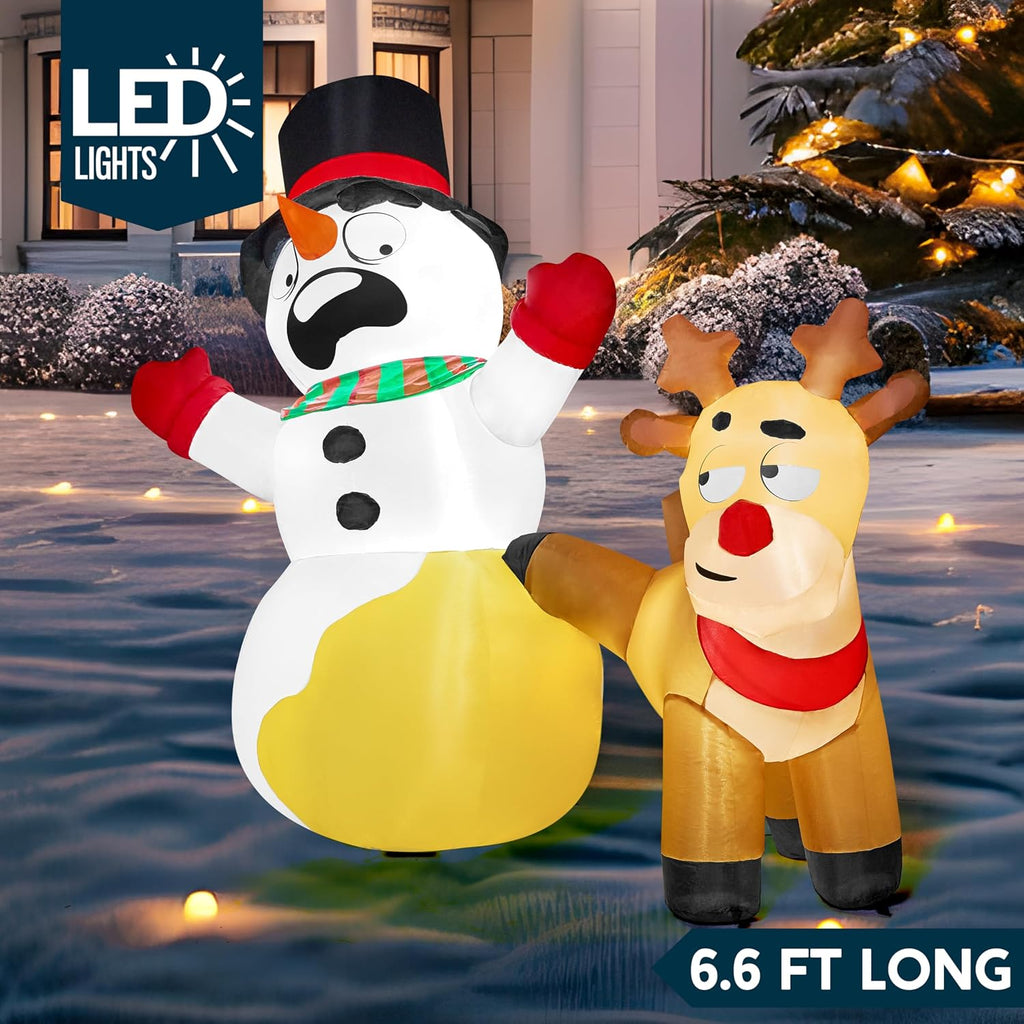 6.6 FT Long Christmas Inflatable Decoration Reindeer Peeing on Snowman, Blow Up Christmas Inflatables Outdoor