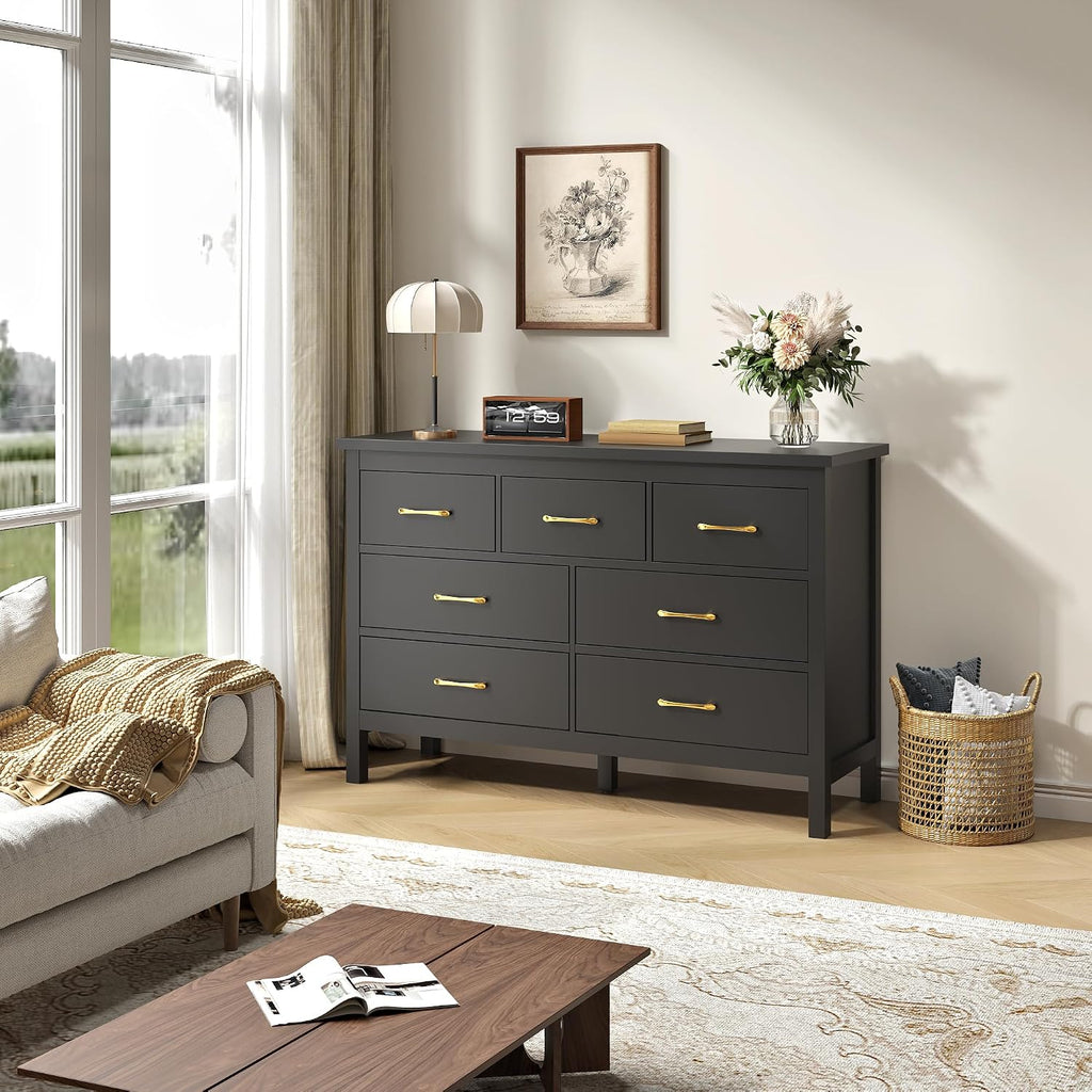 Black Dresser , 7 Drawer Wood Double Dresser with Golden Handles, Wide Chest of Organizer Storage Drawers | Black