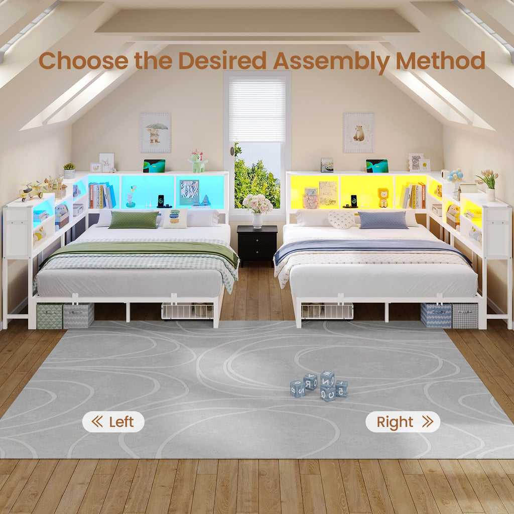 Corner Bed Frame Queen with Storage Bookcase and Drawers, Queen Size Daybed with Charging Station and LED Lights