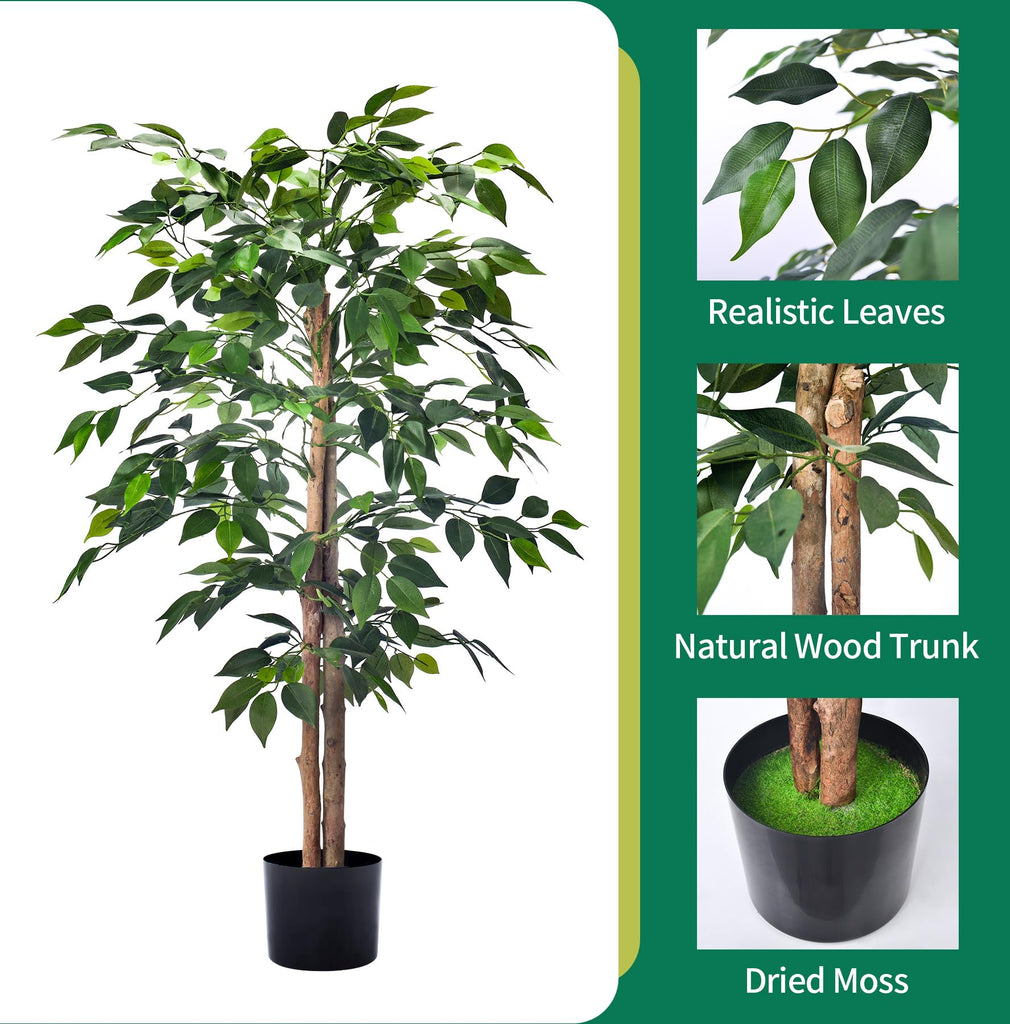2Packs 4FT Artificial Ficus Trees with Realistic Leaves and Natural Trunk, Faux Ficus Tree with Sturdy Plastic