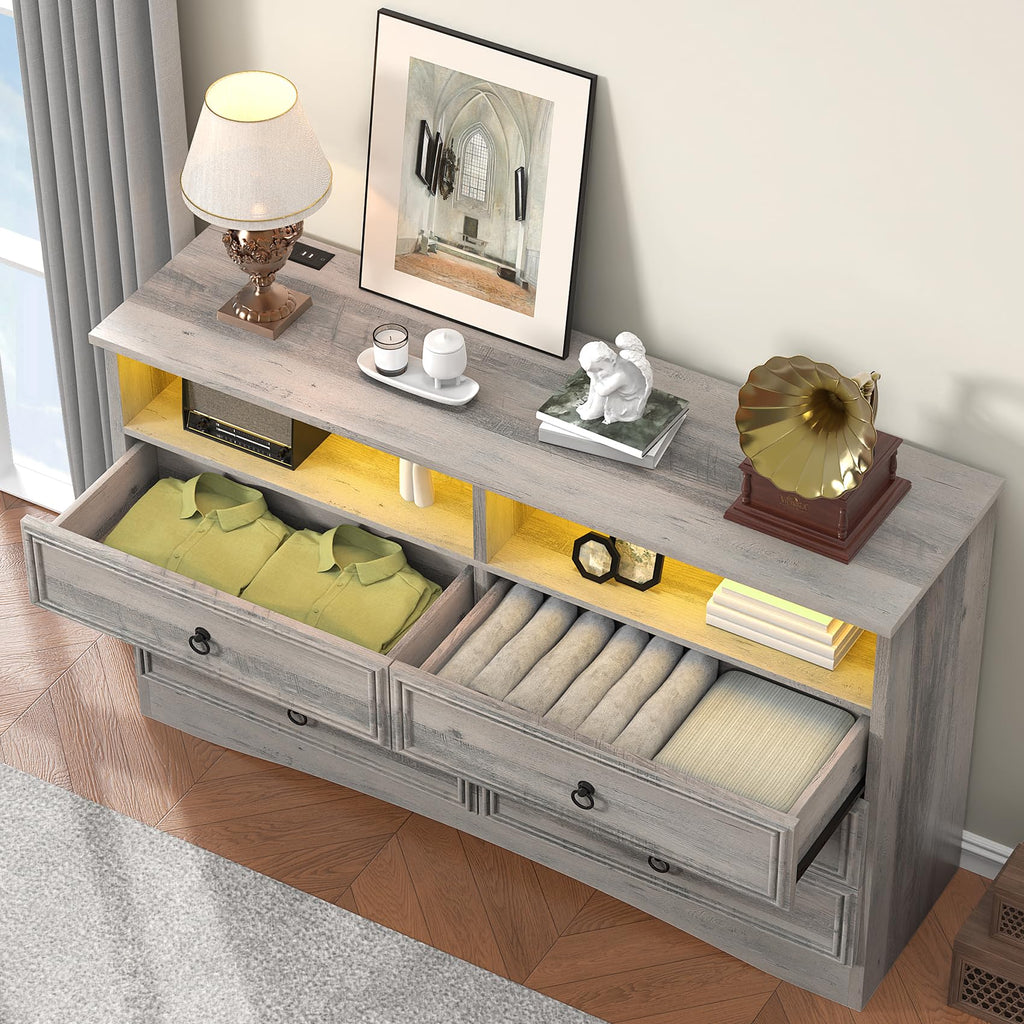 Grey 6 Drawer Dresser with LED Lights and Charging Station, Wood 6 Chest Drawers, Large Storage for Clothes, Taupe