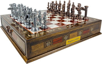 Premium Handmade Chess Set with Storage Drawer- Ancient Greek Mythology Themed Metal Chess Pieces- 15" Personalizable