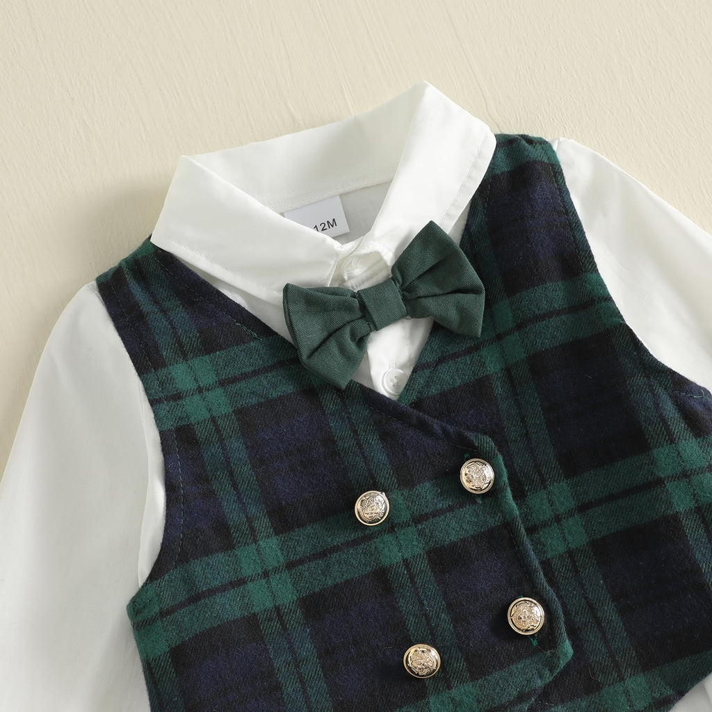Toddler Boy Suit Christmas Gentleman Outfit Bow Tie Plaid Vest Button Down Shirt Elastic Pants Xmas Formal Outfits