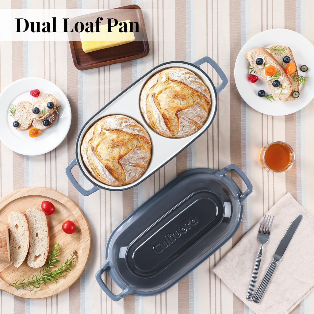 Cast Iron Double Dutch Oven, Mini Enamel Sourdough Bread Pan with Lid, Grey