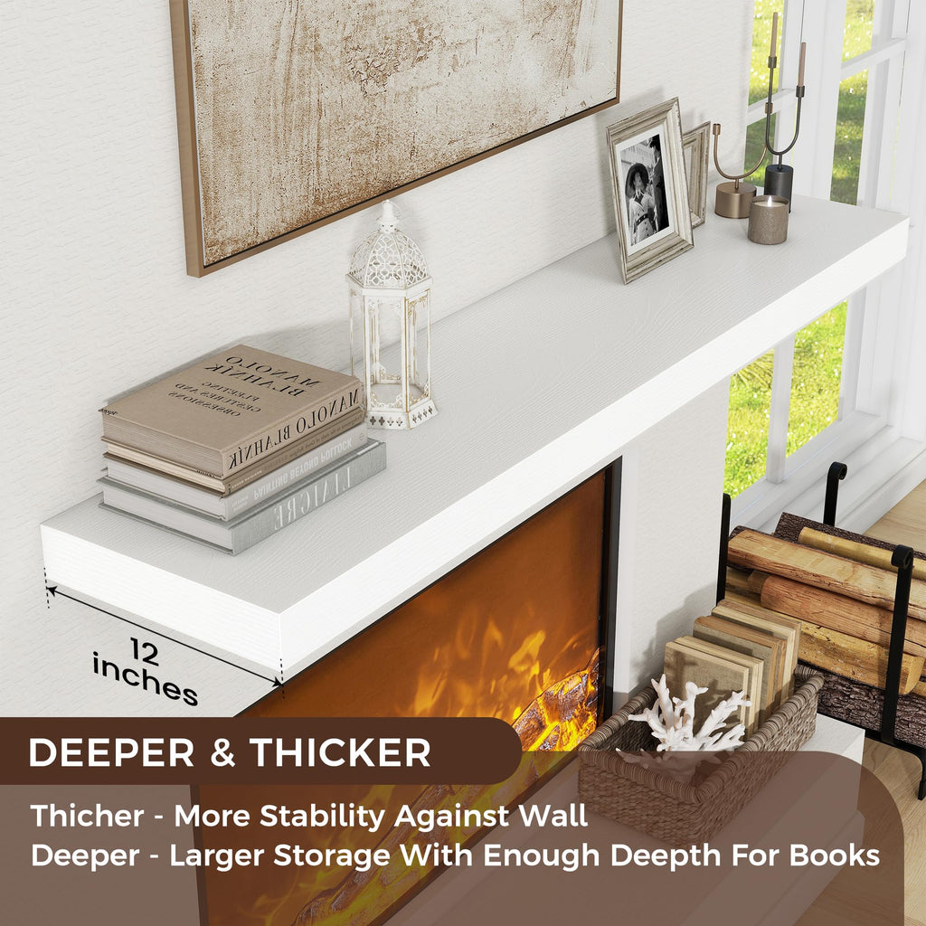 72 Inch Floating Shelves for Wall, 12"D Wood Storage Shelves, White Finish