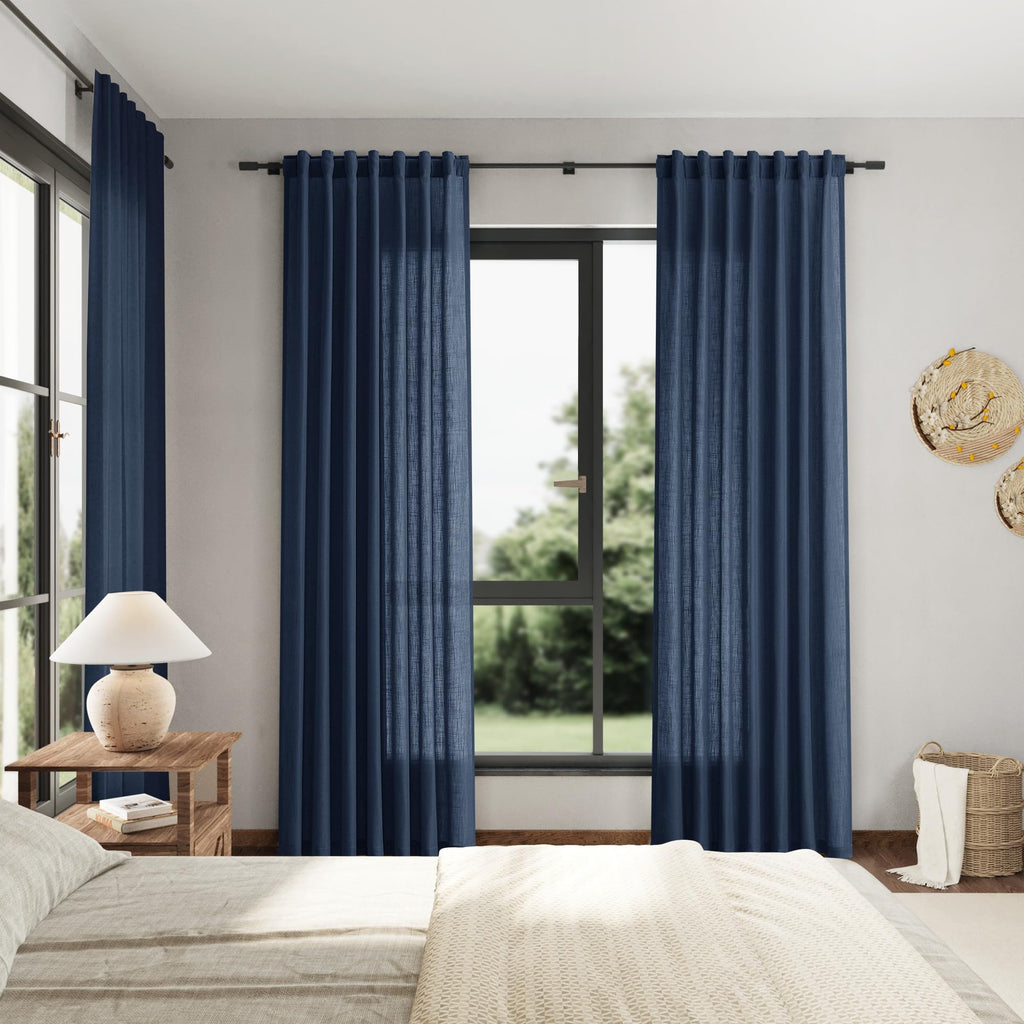 Denim Blue Linen Curtains 102 Inches Long Rod Pocket Back Tab Drapes 2 Panels Set Sheer Light Filtering Semi Sheer