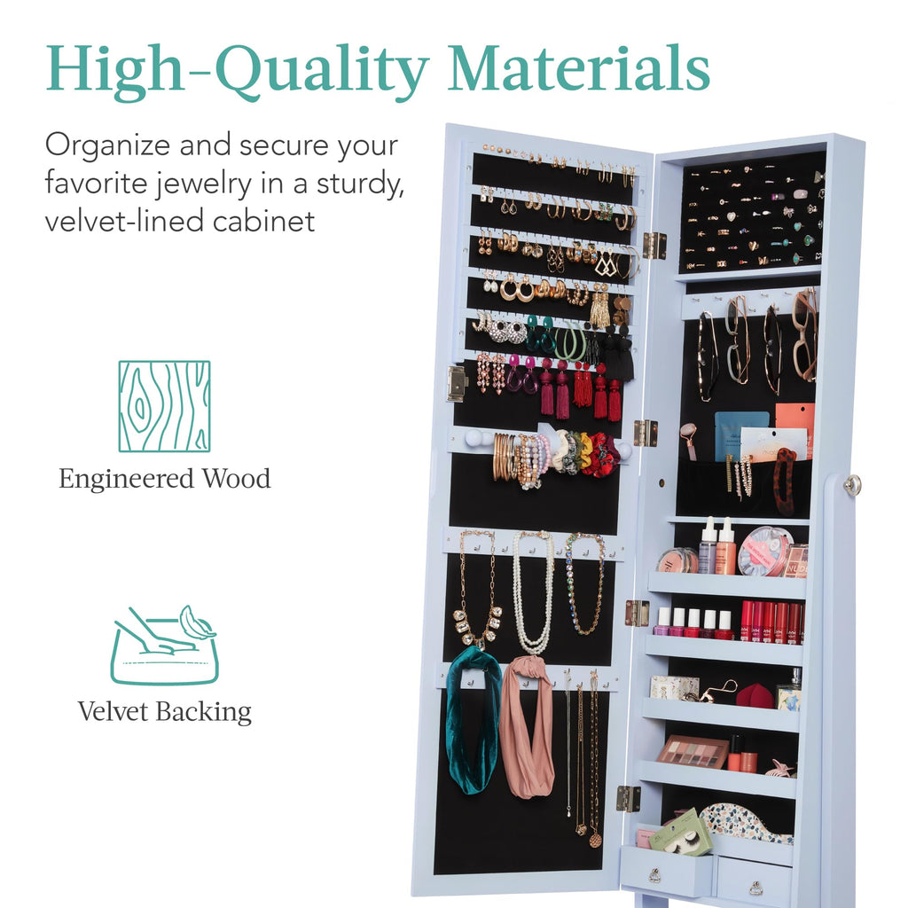 Freestanding Jewelry Armoire Cabinet, Full Length Standing Mirror, Lockable Makeup Storage Organizer, w/Velvet