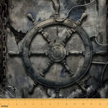 Gothic Ship Rudder Fabric By The Yard, Retro Map Upholstery Fabric, Scary Ocean Chain Decorative Fabric, Pirate Theme