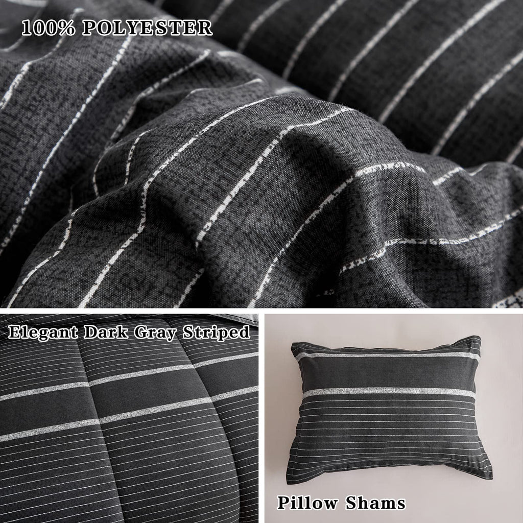 3 Pcs Boho Striped Comforter Set Full Full/Queen Size, White Striped on Black Dark Grey Soft Microfiber Reversible