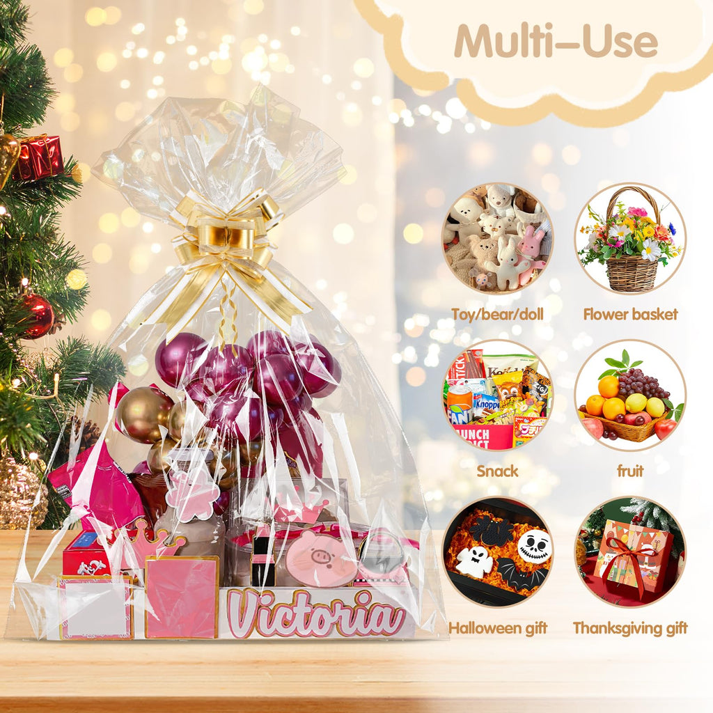 10 Pcs Jumbo Huge Cellophane Gift Bags 50x60 Inch Extra Large Cellophane Wrap Clear Gift Basket Wrap with 10 Gold
