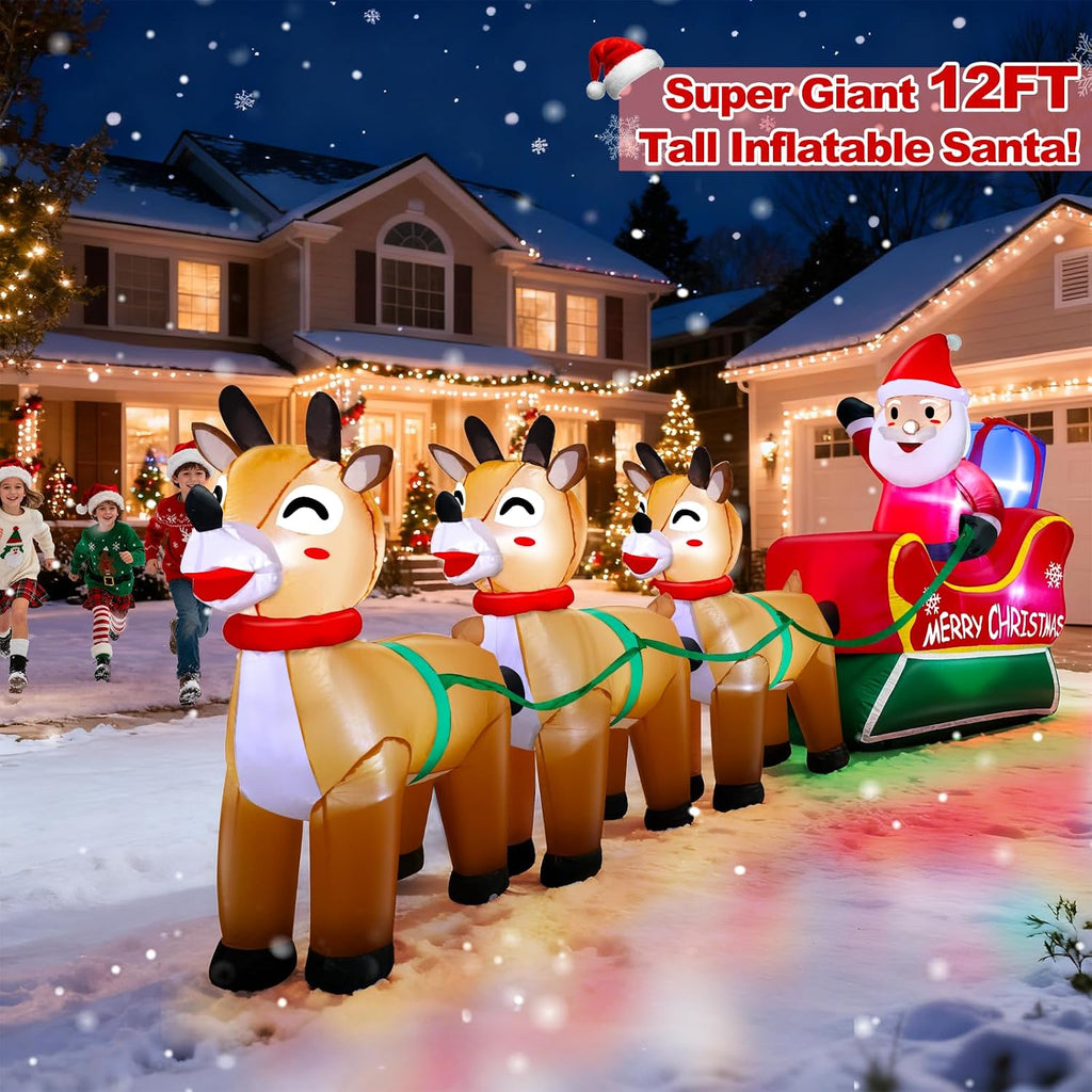 12 Feet Long Christmas Inflatables Santa Claus with Three Reindeer Built-in LED Lights, Blow Up Christmas Outdoor