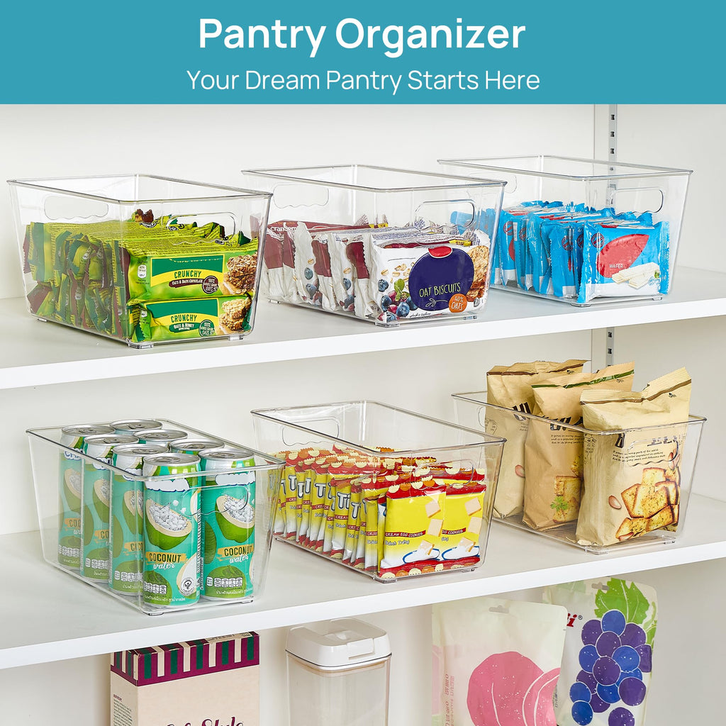 6 Pack Clear Storage Bins, Pantry Cabinet Organizer Bins, Medium
