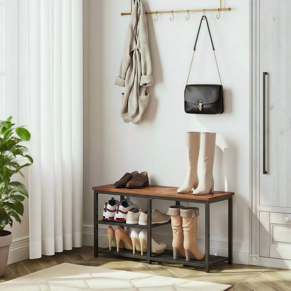 Shoe Bench with Storage, Shoe Rack Organizer, Spacious Wood Top Entryway Bench, with 300 lb Capacity, Rustic Brown