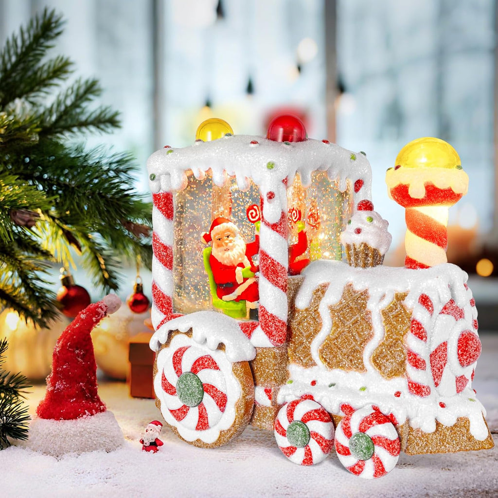 Christmas Snow Globes Dessert Train Water Glittering Lantern with 6H Timer Function Santa Snow Globe Christmas 3 AA