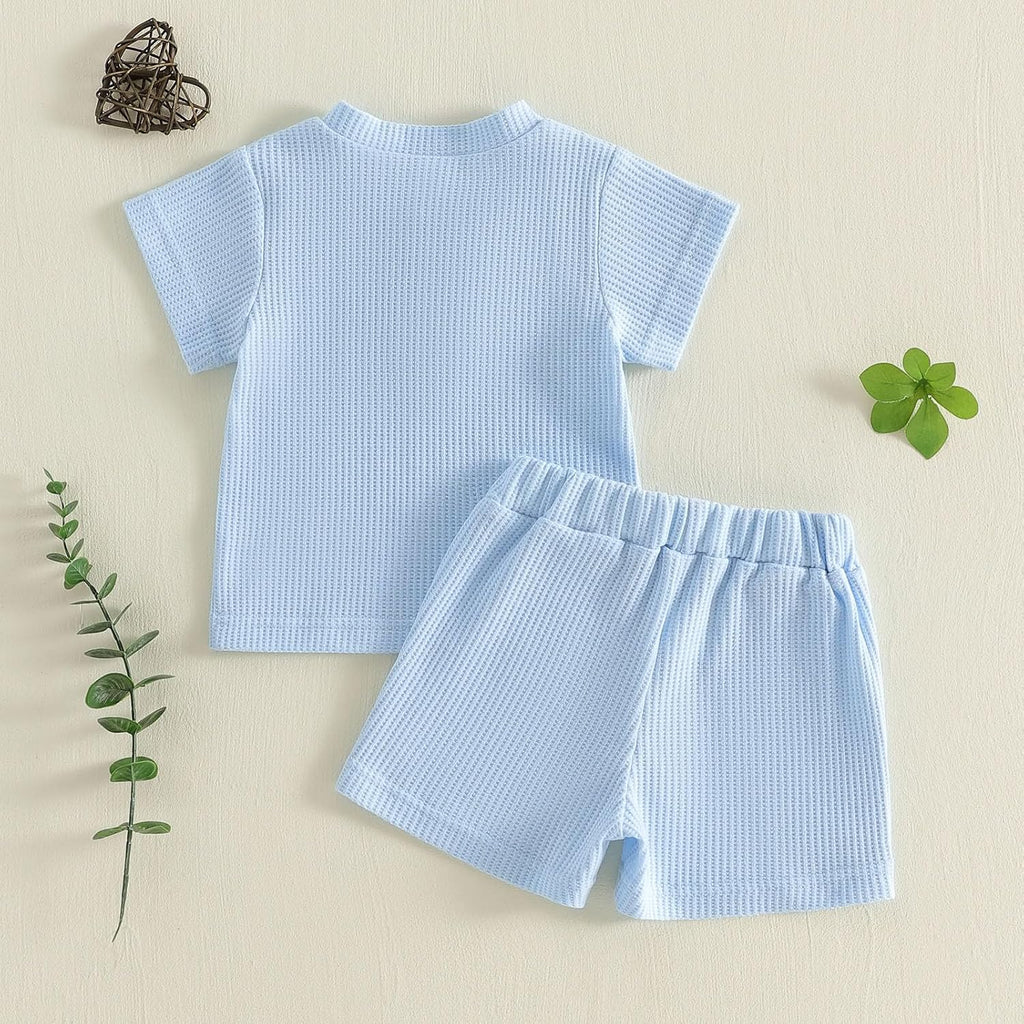 Toddler Baby Boy Summer Clothes Button Waffle Short Sleeve T-Shirt Top Elastic Waist Shorts Set 2Pcs Infant Outfit
