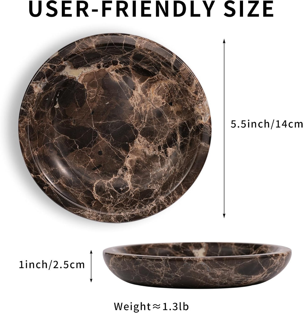 Brown Marble Jewelry Tray - Stone Trinket Ring Key Purse Holder Dish, Small Cute Round Plate Decorative Bowl for