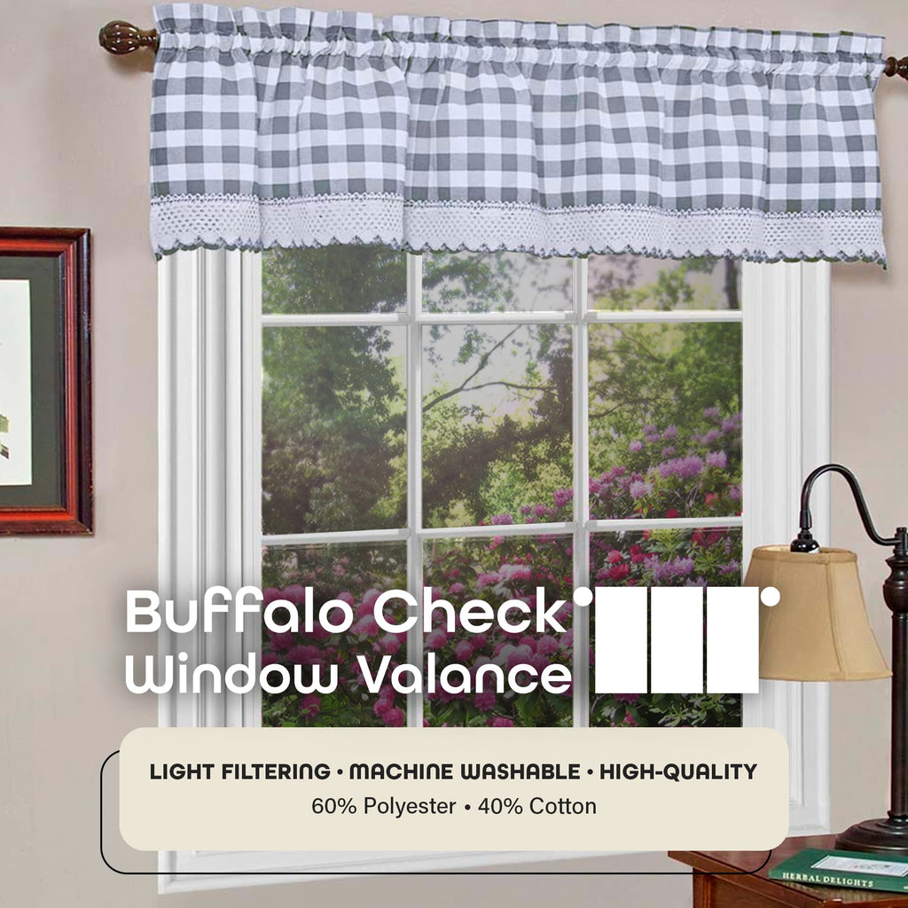Buffalo Check Valance Curtains, 58 x 14 in, Grey & White Plaid