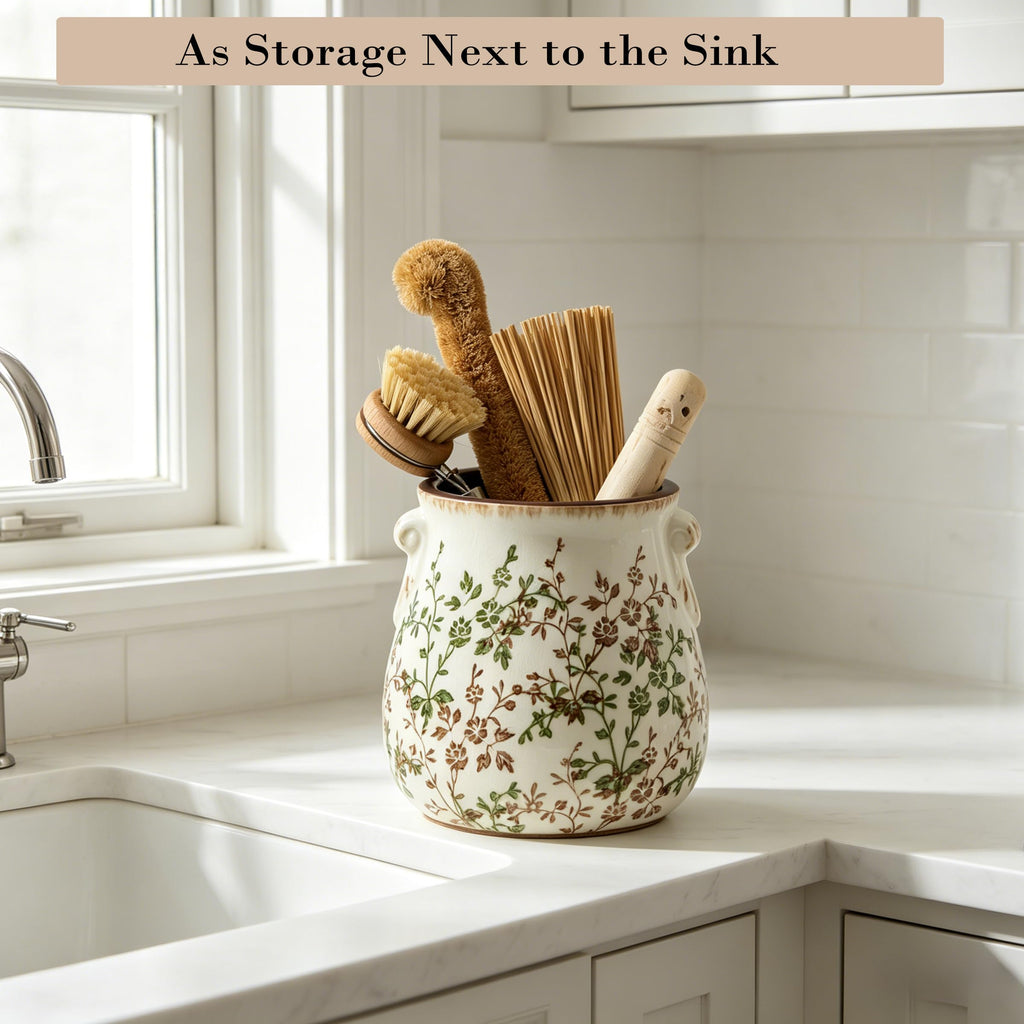 Utensil Holder Counter, Modern Farmhouse Rustic Cooking Utensil Holder and Crock, Exquisite Chinoiserie Floral