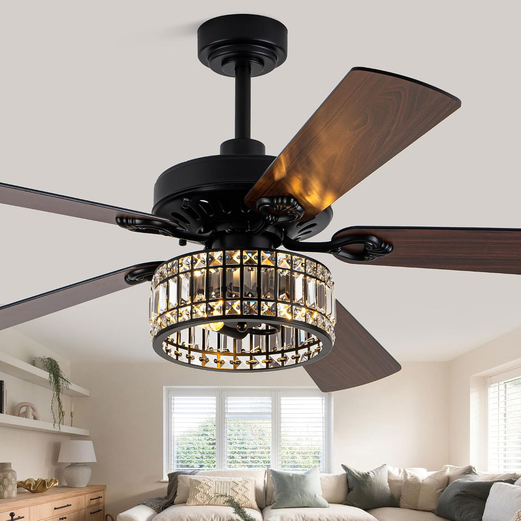 60" Vintage Black Ceiling Fan with Light, Large Crystal Chandelier Fan Fandelier Fan with 6-Speeds