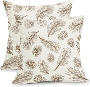 Winter Pinecone Pillow Covers 18 x 18 Inch Christmas Pine Cone Pattern Decoration Pillow Case Pine Needle - Set of 2