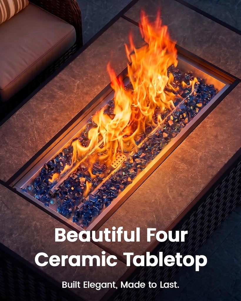 43′′ Fire Pit Table, Outdoor Propane Fire Pit Table with Premium Ceramic Tabletop, Glass Wind Guard, Lid, Glass Rock