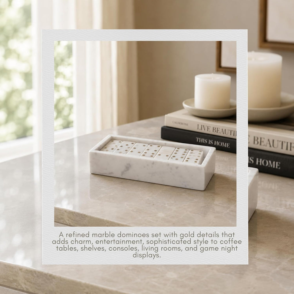 Rectangular Tabletop Coffee Table Game Domino Set in Marble and Brass - Classic Family Game Decor - Decorative Game