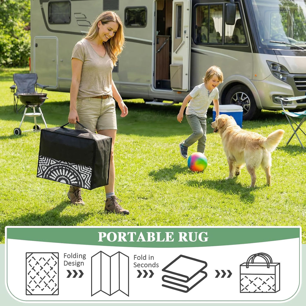 Outdoor Rug Waterproof 5ft Round, Reversible Boho Plastic Straw Patio Camping Area Rugs, Portable Indoor Outdoor RV